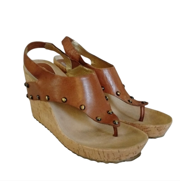 DANIBLACK Studded Brown Leather Cork Wedge Sandals Size 8.5 - Picture 7 of 11